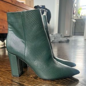 Mark Fisher Pointed Toe Booties (Green Snakeskin Print)